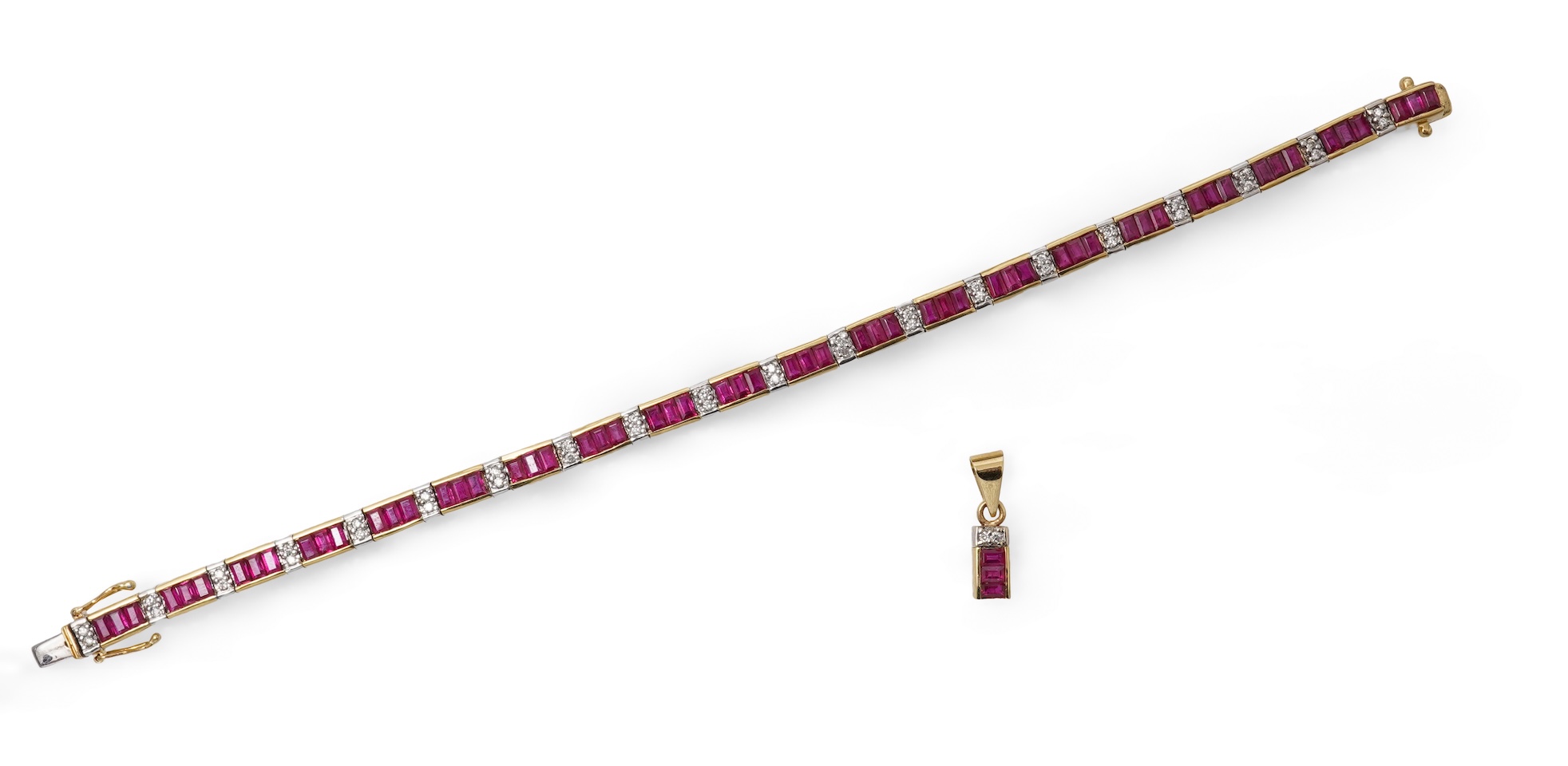 A ruby and diamond bracelet and pendant